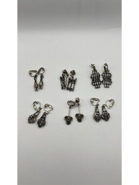 Set Of 6 Vintage Silver-Tone Clip-On Earrings With Abstract & Floral Designs